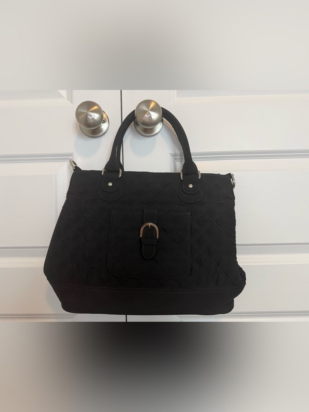 Vera Bradley Quilted Black Satchel Handbag with Buckle Detail